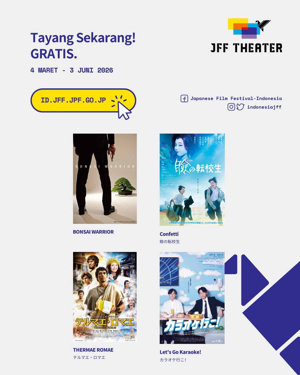 LINE UP FILM JFF THEATER!
Tayang 4 Maret – 3 Juni 2026

Daftar film baru sudah bisa kamu tonton mulai hari ini! Tonton sekarang lewat gawai apapun, gratis, dilengkapi takarir bahasa Indonesia!