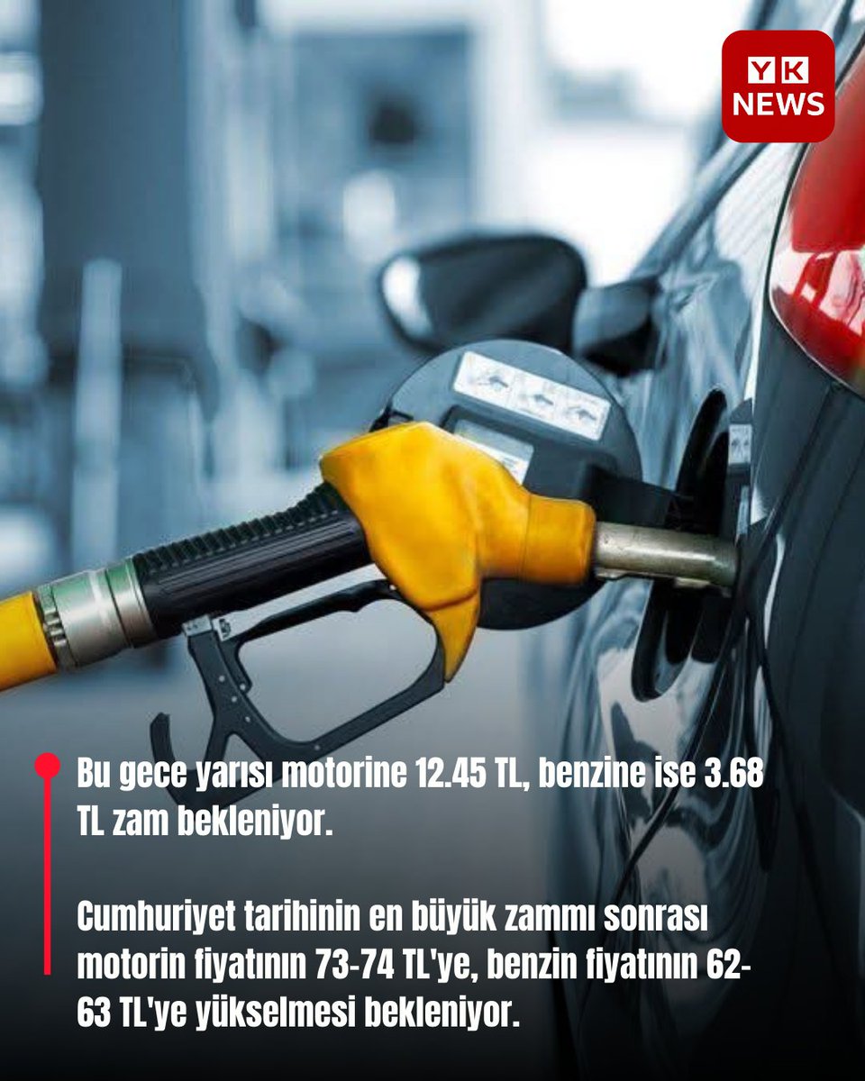 Bu gece yarısı motorine 12.45 TL, benzine ise 3.68 TL zam bekleniyor. 

Cumhuriyet tarihinin en büyük zammı sonrası motorin fiyatının 73-74 TL'ye, benzin fiyatının 62-63 TL'ye yükselmesi bekleniyor.

(Ekonomim)