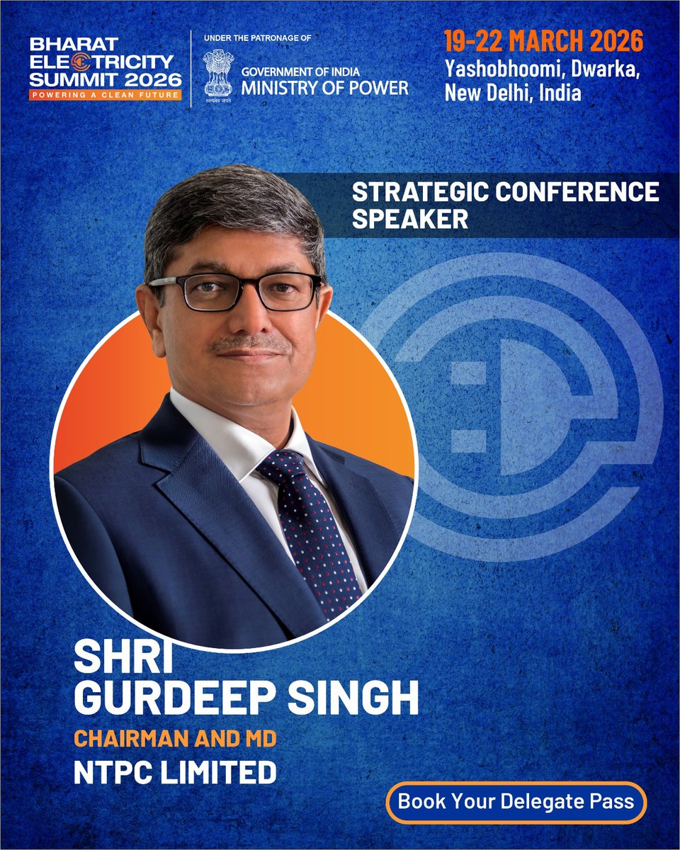 BharatESummit's tweet photo. Driving scale, sustainability and transformation in power generation. 🔋⚡

We are honoured to welcome Shri Gurdeep Singh, Chairman and MD, NTPC Limited, as a Distinguished Speaker at the Strategic Conference, Bharat Electricity Summit 2026.

🔗 Register as a Delegate: https://t.co/veZmqFV9RN
🔗 Register to Visit: https://t.co/jUovMqI5Iy

The Bharat Electrcity Summit Strategic Conference will bring together policymakers, senior executives, global investors and technology innovators for critical dialogue, high-level knowledge exchange and the formation of impactful new cross-sector partnerships.  

Learn more about Conferences: https://t.co/tqP1eqvywI

📅 19–22 March 2026
📍 Yashobhoomi, Dwarka, New Delhi, India

@MinOfPower @pgcilindia @pfclindia @nhpclimited
@CareEdge_Group @eepcindia @RECLindia
@ntpclimited @startupindia @dmgeventsglobal
@IEEMA_Official @beeindiadigital @mlkhattar @officeofmlk

#BharatElectricitySummit #StrategicConference #GlobalEnergy #EnergyLeadership #PowerSector