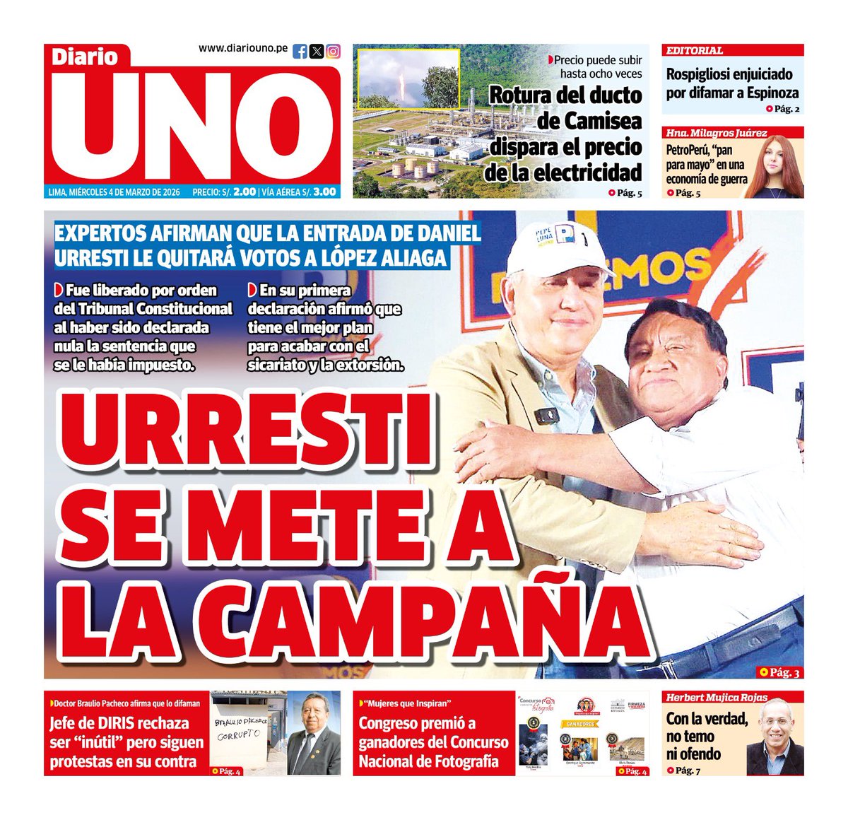 🗞️ Compartimos con ustedes la portada de Diario UNO del miércoles 04 de marzo de 2026
