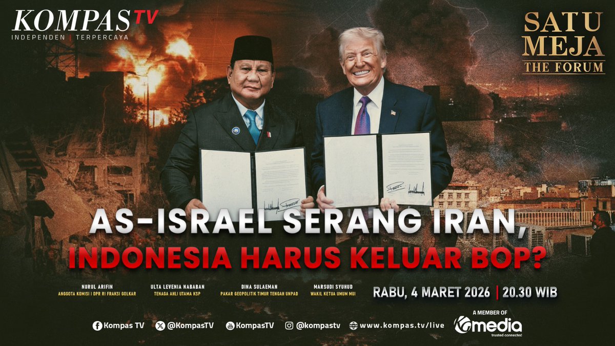 KompasTV_Jember's tweet photo. AS-Israel serang Iran hingga menewaskan pemimpin tertinggi Iran, Ayatollah Ali Khamenei. Publik mendesak Indonesiamundur dari Board of Peace. Simak pembahasannya di link ini:
https://t.co/we3BdpVekk

#IranIsraelWar #IranWar #TrumpEpsteinCoverUp #PrabowoSubianto https://t.co/jNgPtYbdDo