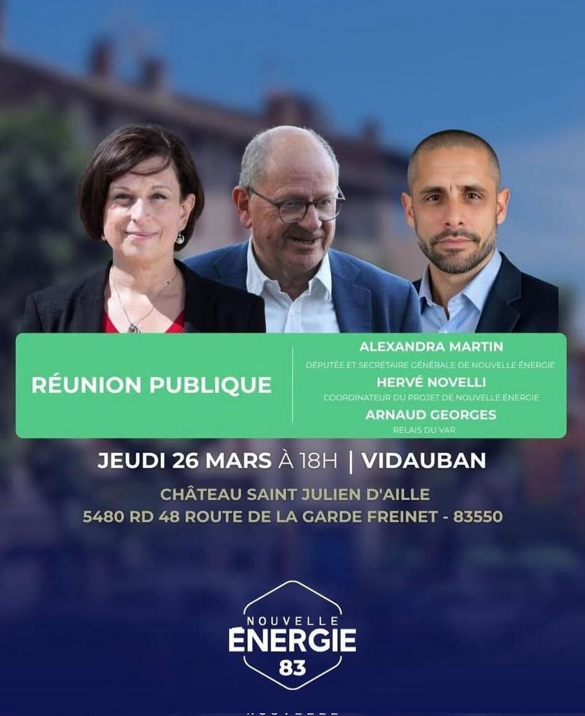 pays_francoise's tweet photo. #HervéNOVELLI, #AlexandraMARTIN de @Nouv_Energie ATTENDUS POUR UNE RÉUNION PUBLIQUE PAR @ArnaudGEORGES83

LIBERTÉ, ORDRE ET DIGNITÉ 

Le constat est celui d’un pays traversant « une crise d’autorité, de lisibilité politique et de confiance démocratique ».
https://t.co/3MchTlrIOX https://t.co/UQju3bIRC2