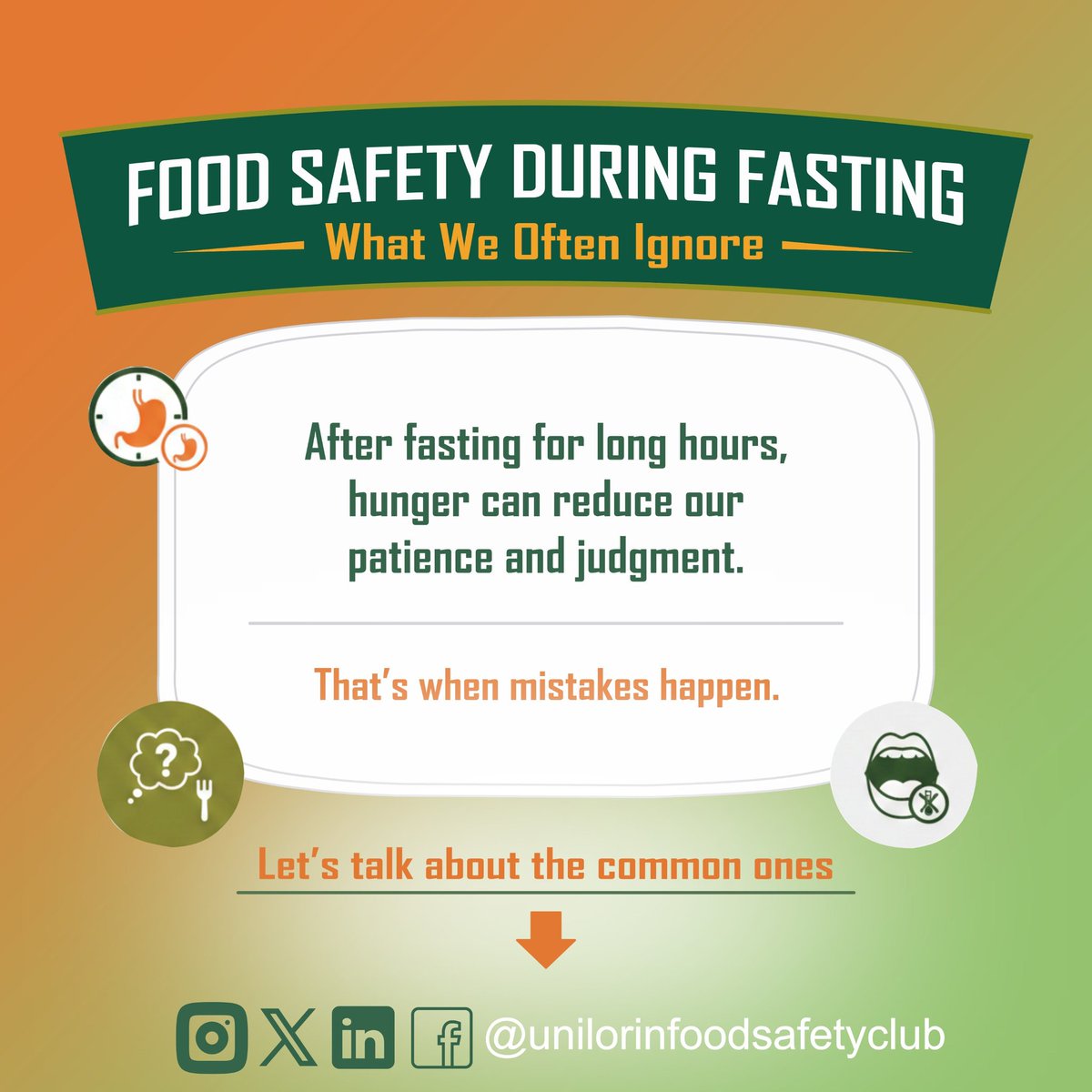 UnilorinFSC's tweet photo. As we observe this fasting season, remember: after long hours without food or water, your body deserves safe, properly handled meals.
Avoid leaving food out too long or reheating repeatedly.
Food safety isn’t seasonal it’s essential. https://t.co/f5QnZGM47b