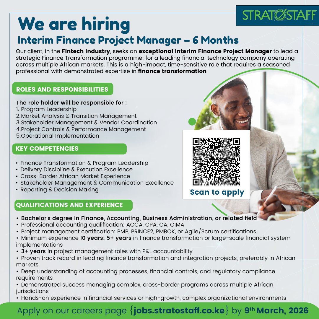 Our fintech client is seeking an exceptional interim Finance Project Manager. Are you the one suited for this role? Apply today at jobs.stratostaff.co.ke

#stratostaff
#recruitment
#staffing
#finance