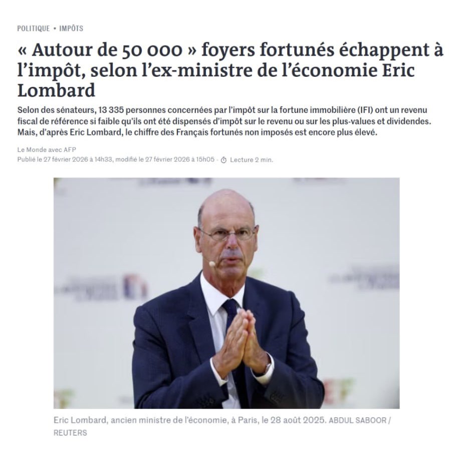 50 000 millionnaires français ne payent aucun impôt sur le revenu.

C'est ce qu'a admis l'ancien ministre de l'économie Lombard. Il parlait initialement de 13 000, c'est quatre fois plus.

Pourquoi plus personne n'en parle ? C'est un scandale. La révolution fiscale c'est bientôt.