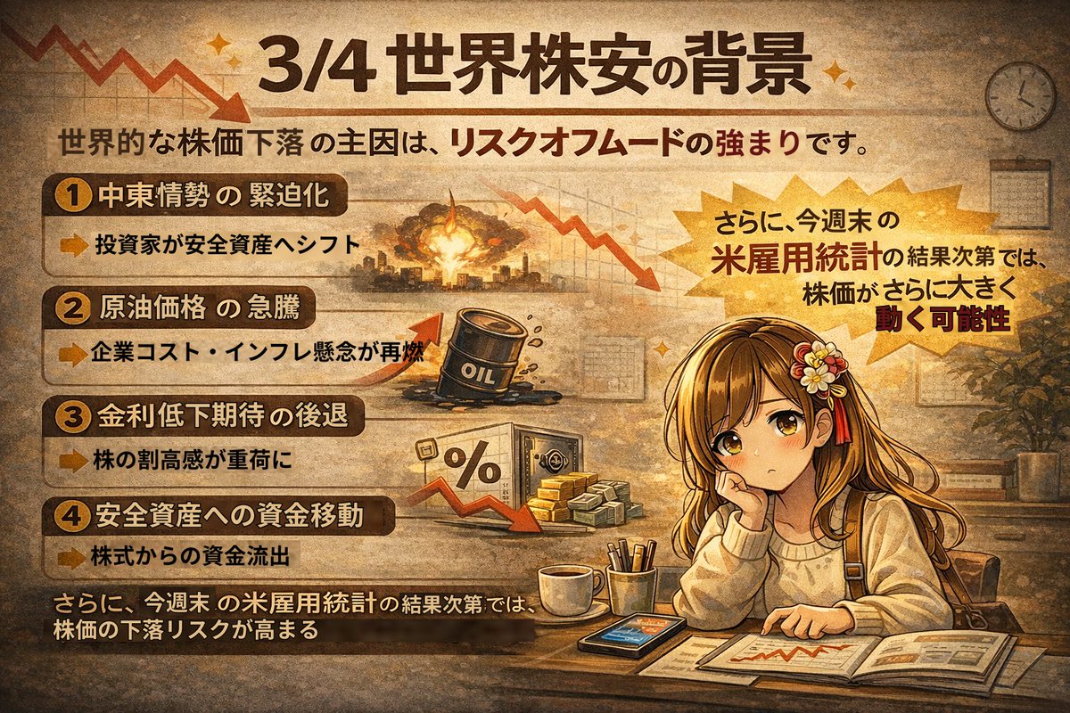 u7mG2Sui6B9136's tweet image. 「地政学リスクの高まり」で世界的に株価が下落😭
① 中東情勢の緊迫化
→ 投資家が安全資産へシフト
② 原油価格の急騰
→ 企業コスト・インフレ懸念が再燃
③ 金利低下期待の後退
→ 株の割高感が重荷に
さらに、 今週末の米雇用統計の結果で、株価がどう動くのか注目ですね😅