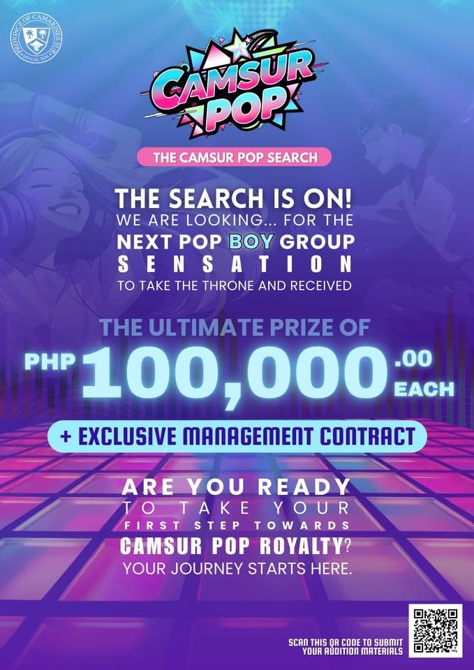 thepinaydentist's tweet photo. If you’ve been grinding in silence, this is the sign.
Step up. Show up. Take your shot.

Selected stars of The Camsur Pop Search audition will receive ₱100,000 EACH plus an Exclusive Management Contract.

Join the audition today! ✨ https://t.co/lggI0Nykgm
