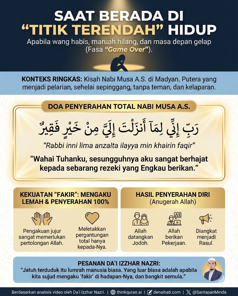 Jatuh terduduk itu biasa sebagai manusia. Yang luar biasa ialah bila kita sujud dan bangkit semula.

Kisah Nabi Musa A.S. di Madyan ajar kita satu benda: Bila rasa "Game Over", rendahkan diri dan mengaku "Fakir" depan Allah.

Doa kunci:

رَبِّ إِنِّي لِمَا أَنزَلْتَ إِلَيَّ مِنْ
