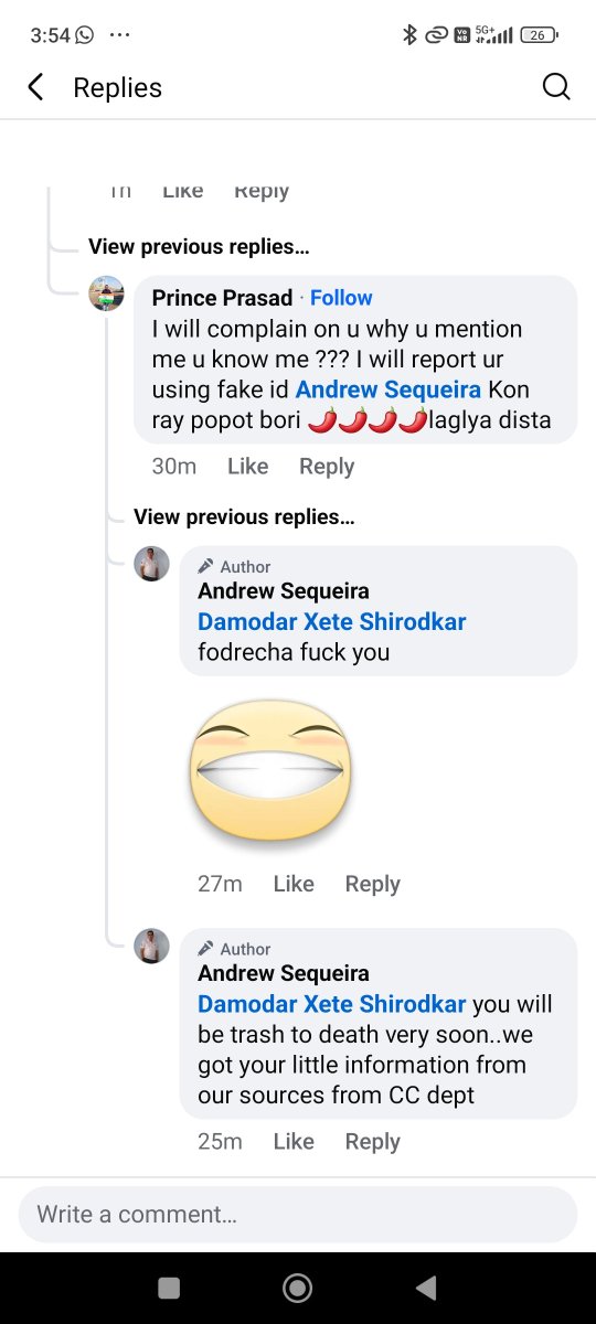 Knight_writter's tweet photo. @spsouthgoa respected sir/ma'am
One Mr. Andrew Sequeira resident of Margao, South Goa giving public death threats to me on Facebook. 
Would request you to please take the cognisance of the same https://t.co/h0z9zecwwU