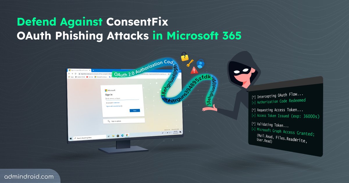 AdmiinDroid's tweet photo. Think #MFA &amp; CA policies keep you safe?🚨

#ConsentFix proves otherwise. A simple copy‑paste hands attackers your authorization code and full account access.

Learn mitigation strategies to stop OAuth hijacks before they happen.
https://t.co/BPG5pA5Brd

#Microsoft365 #AdminDroid https://t.co/iFQiIrBZVO