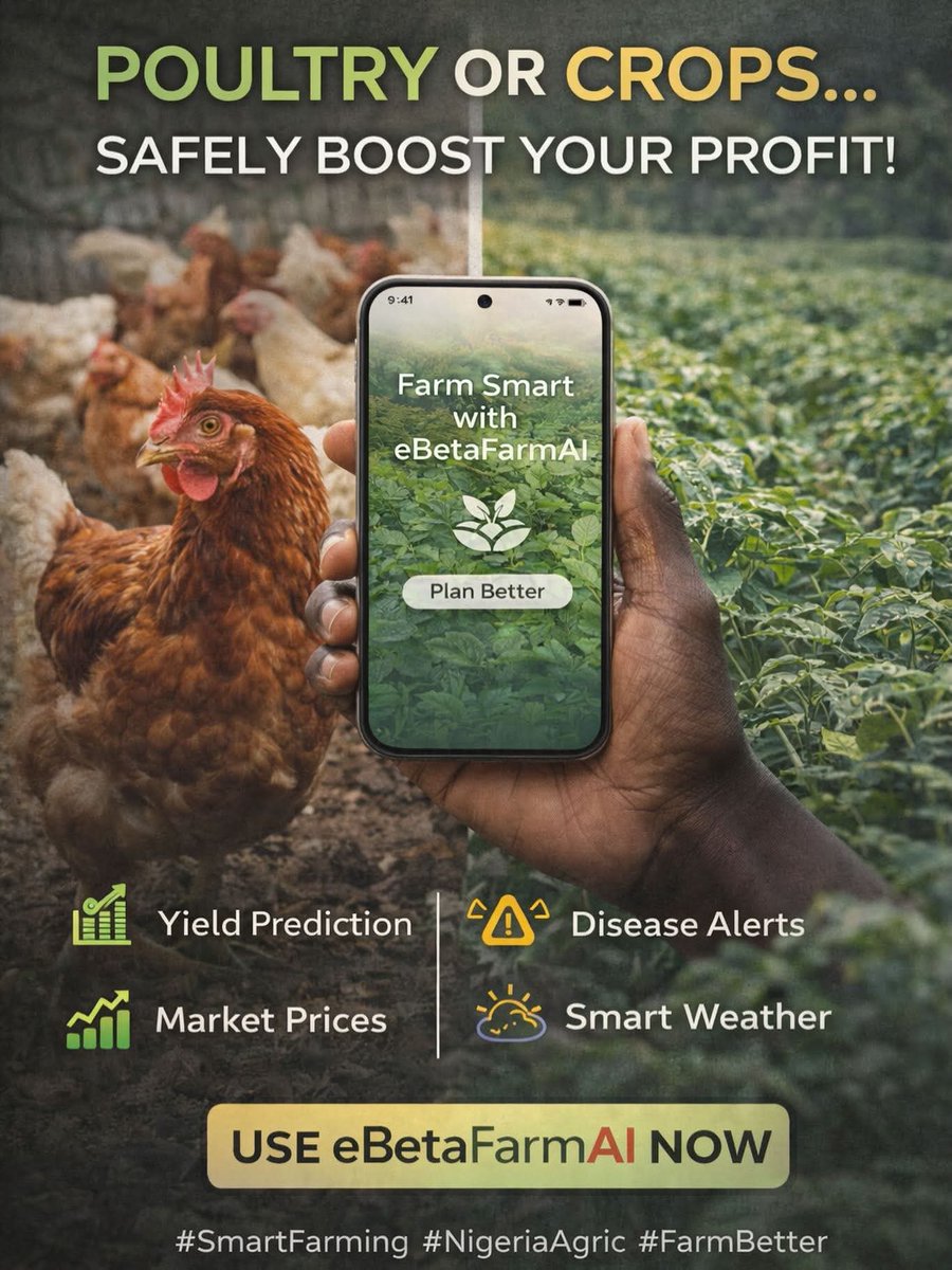 ebbydiamond1's tweet photo. Farm smarter. Earn better. Grow faster. 🚀

From poultry to crops — eBetaFarmAI helps you plan, protect & profit 💰📱
No guesswork. Just results.

👉 Download. Use. Win.

#SmartFarming #eBetaFarmAI #NaijaFarmers #PoultryBusiness #CropFarming AgroTech FarmProfit GrowWithTech FarmLife DigitalFarmer