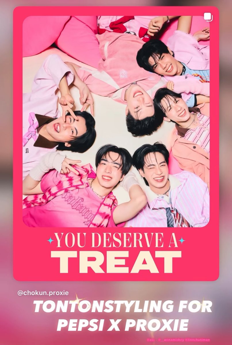 คุณต้นต้นเป็นสไตลิสให้ #เป๊ปซี่ทรีทส์ ของพ้อกสีด้วย น่ารักอะ ชอบที่แชร์โพสเมมเบอร์แล้วใส่เพลงตามแครักเตอร์ 55555555555555 

🧡น่ารักเกิน - ไอซ์ ศรัณยู
💛Cha Cha Cha - Bruno Mars
💚หน้าร้อน(ไม่)ใจร้าย
🩷โคตรหล่อ - อาภาพร
🩵ละลาย - โฟร์มด
💜เด็กอินเตอร์ - ยังโอม