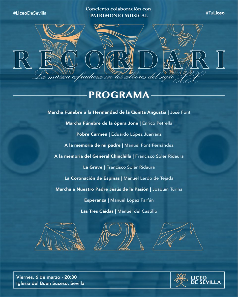 bmliceosevilla's tweet photo. Compartimos con vosotros el repertorio de Recordari III, que interpretaremos el próximo viernes 6 de marzo en la Iglesia del Buen Suceso (Sevilla).  

#LiceodeSevilla #TuLiceo #LiceoEnMarcha #Cuaresma2026 https://t.co/lZ338Kjo0M