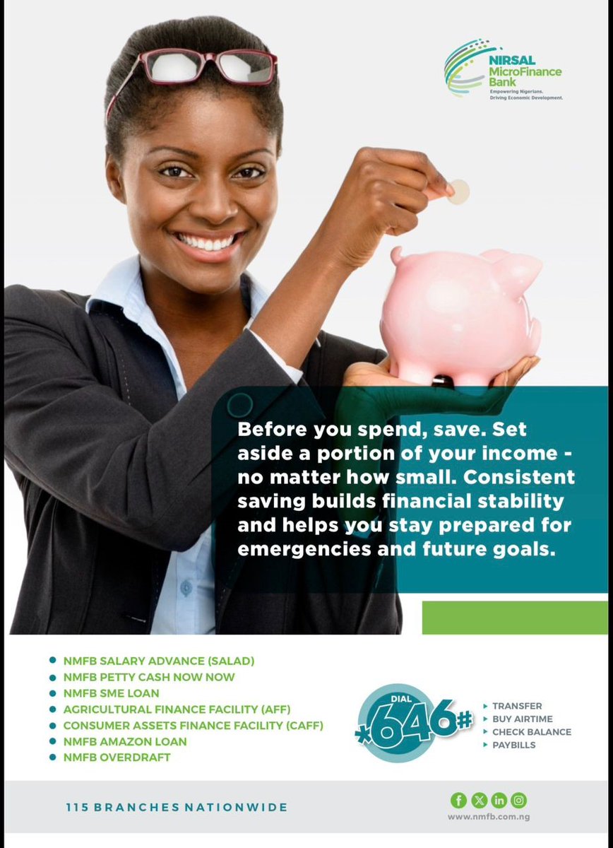 NirsalMFB's tweet photo. Save today, secure tomorrow. No amount is too small, consistent savings build financial freedom and prepares you for life's unexpected moments.
#financialwednesday
#EmpoweringNigerians
#DrivingEconomicGrowth https://t.co/kGMvBLdOiN