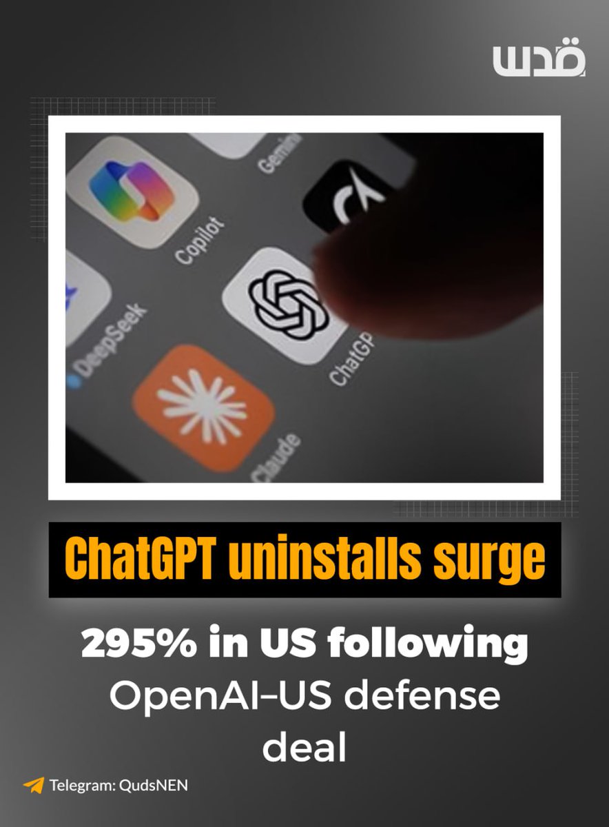 QudsNen's tweet photo. ChatGPT mobile app uninstalls in the US surged 295% on February 28 following news of OpenAI’s deal with the Pentagon to deploy its AI models in classified environments. According to Sensor Tower and reported by TechCrunch, the spike was far above the usual 9% uninstall rate. 

US downloads of ChatGPT also fell 13% on Saturday and 5% on Sunday, while downloads of Anthropic’s Claude app rose after the company rejected unrestricted military use of AI.