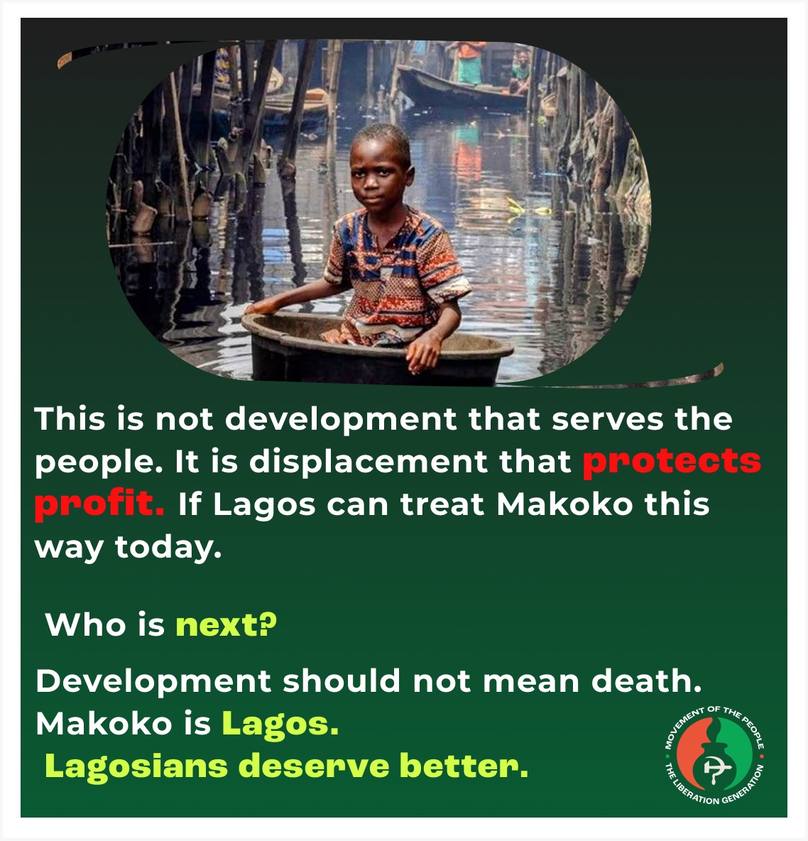 MopLagos's tweet photo. The demolition of Makoko isn’t “urban planning” it’s class warfare. 🛑

​Lagos is being sold to the highest bidder while the working class who built it are treated as disposable. Development should never mean death.

​Who is next? ✊🏾

​#Makoko #Lagos #MOP #SocialJustice #Nigeria https://t.co/krHe4KYepi