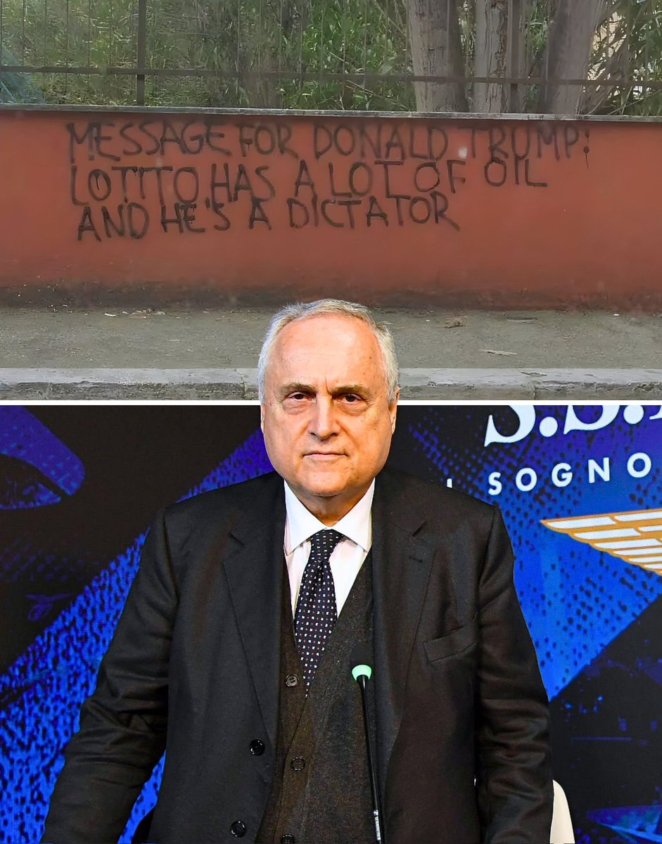 Los Ultras de la #Lazio, dejaron un mensaje al presidente Donald #Trump sobre el presidente del club, Claudio #Lotito, en una pared cercana al campo de entrenamiento de Formello:

"Mensaje para Donald Trump: Lotito tiene mucho petróleo y es un dictador".