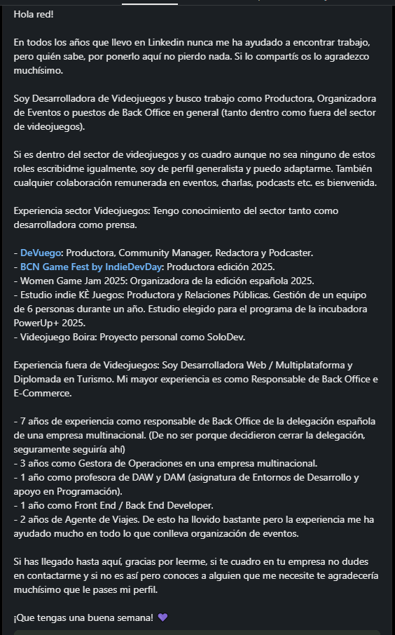 He puesto en Linkedin un post de busco trabajo (ya de forma un poco desesperada). Lo comparto también por aquí por si suena la flauta. 

Si compartís os lo agradezco mucho💜 Que me gusta mucho pasarme el día leyendo y jugando con mis gatas pero el alquiler no se paga solo  🥲