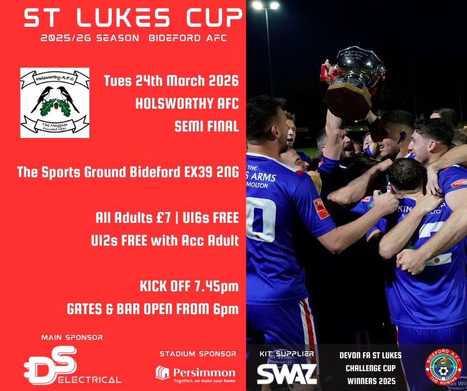 𝗙𝗶𝘅𝘁𝘂𝗿𝗲 𝗨𝗽𝗱𝗮𝘁𝗲 🗓️ 

A date for your diaries…

The Devon St Luke’s Cup semi final against Holsworthy will take place on Tuesday 24th March at the <a href="/PersimmonHomes/">persimmonhomes</a> Sports Ground with a 7:45pm kick off 🏆 

<a href="/swsportsnews/">South West Sports News</a> <a href="/Hafc125/">Holsworthy AFC</a> 

#ROBINS
