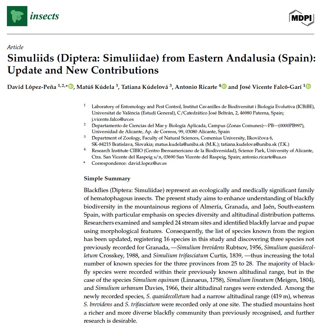 DavidLPSimuliid's tweet photo. 📢#ICBiBE_UV, #Comenius_University and #CIBIO_UA, inform that the manuscript ‘Simuliids (Diptera: #Simuliidae) from Eastern #Andalusia (#Spain): Update and New Contributions’ have been published in📰 #Insects_MDPI 17(3).
👁️For more information, click here: https://t.co/iwzVmWF8F7 https://t.co/keMhdZjBxN