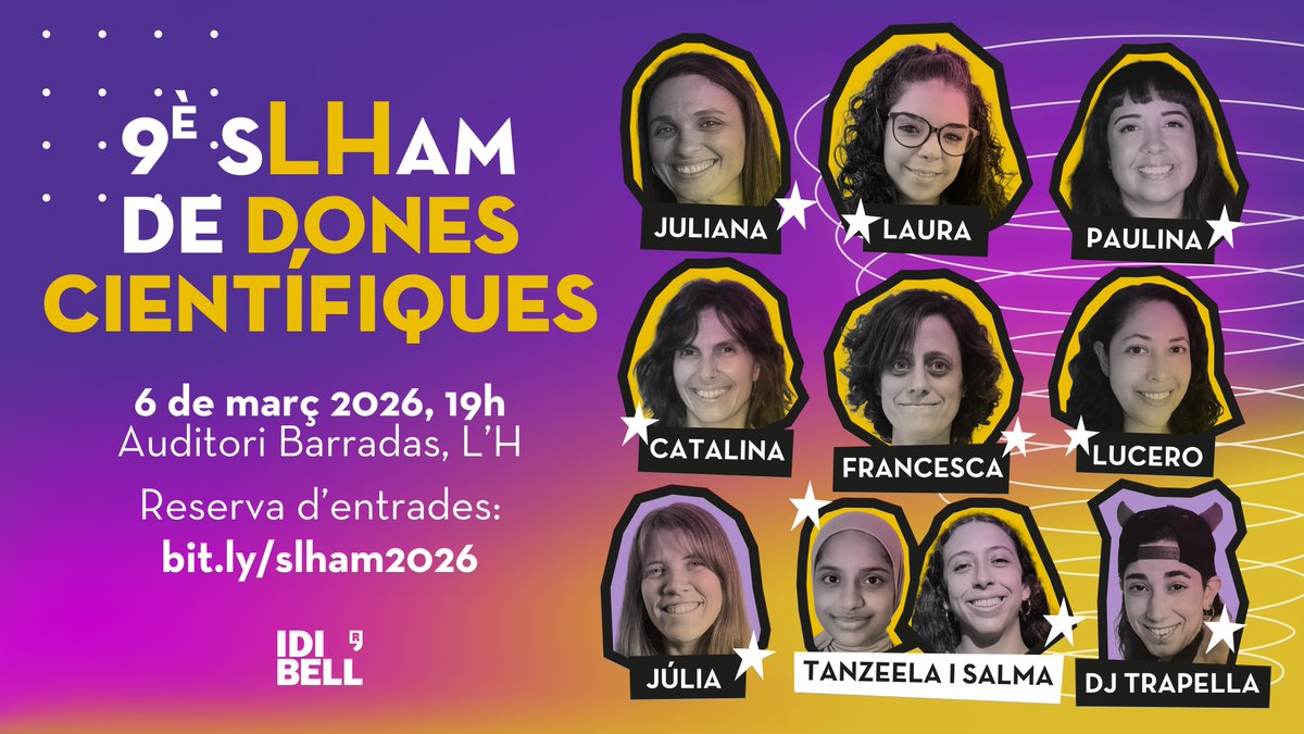 iCERCA's tweet photo. #SomCERCA | 🟣 En la setmana del Dia Internacional de les Dones, no us perdeu el 9è #slham de Científiques de l'@idibell_cat

📆 Nova data, divendres 6 de març, a les 19 h
📍 Auditori Barradas. L'Hospitalet de Llobregat
🎟️ Entrades https://t.co/2VzmIFpTGc

#8M2026 #DonesICiència https://t.co/j0KRPTp2f2