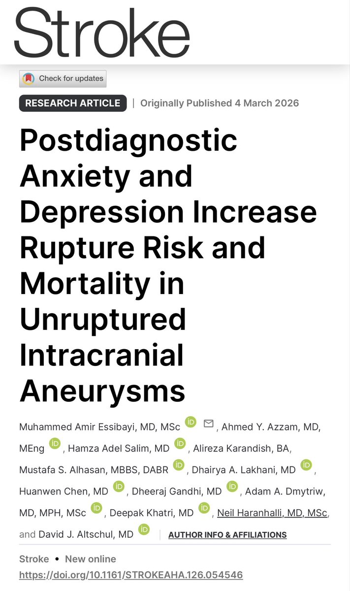 MAEssibayi's tweet image. New in Stroke: Postdiagnostic #anxiety &amp;amp; #depression were associated with higher #rupture risk and mortality in patients with unruptured intracranial #aneurysms in a #TriNetX cohort. doi.org/10.1161/STROKE…
@StrokeAHA_ASA @monteinsteincrl @SVINJournal @thebeefoundatio