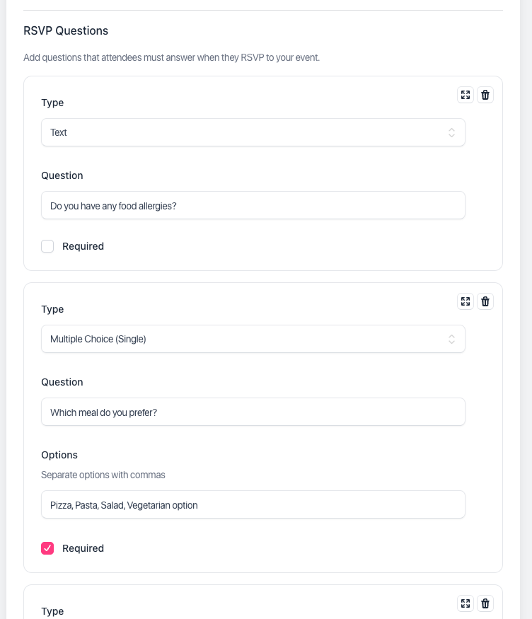 eventyio's tweet photo. 📝 Introducing RSVP Questions: you can now define a questionary for your attendees to fill out when they RSVP. Ask about dietary requirements, whether they're interested in speaking at a next event or anything else you can think of. Answers are on the attendees export as well! https://t.co/dfNBKpMuEK