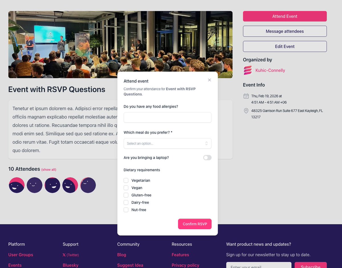 eventyio's tweet photo. 📝 Introducing RSVP Questions: you can now define a questionary for your attendees to fill out when they RSVP. Ask about dietary requirements, whether they're interested in speaking at a next event or anything else you can think of. Answers are on the attendees export as well! https://t.co/dfNBKpMuEK