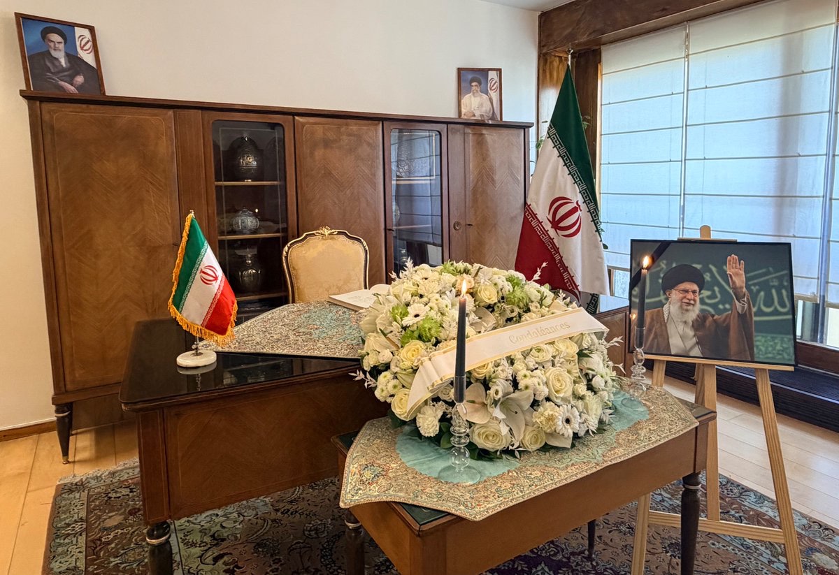 PMIRAN_GENEVA's tweet image. Opening of a book of #Condolences, to pay tribute to His Holiness Ayatollah Seyyed Ali Khamenei, the Supreme Leader of the Islamic Republic of Iran and eminent religious and spiritual Leader in the Islamic world, who was martyred in a deliberate and premeditated strike of