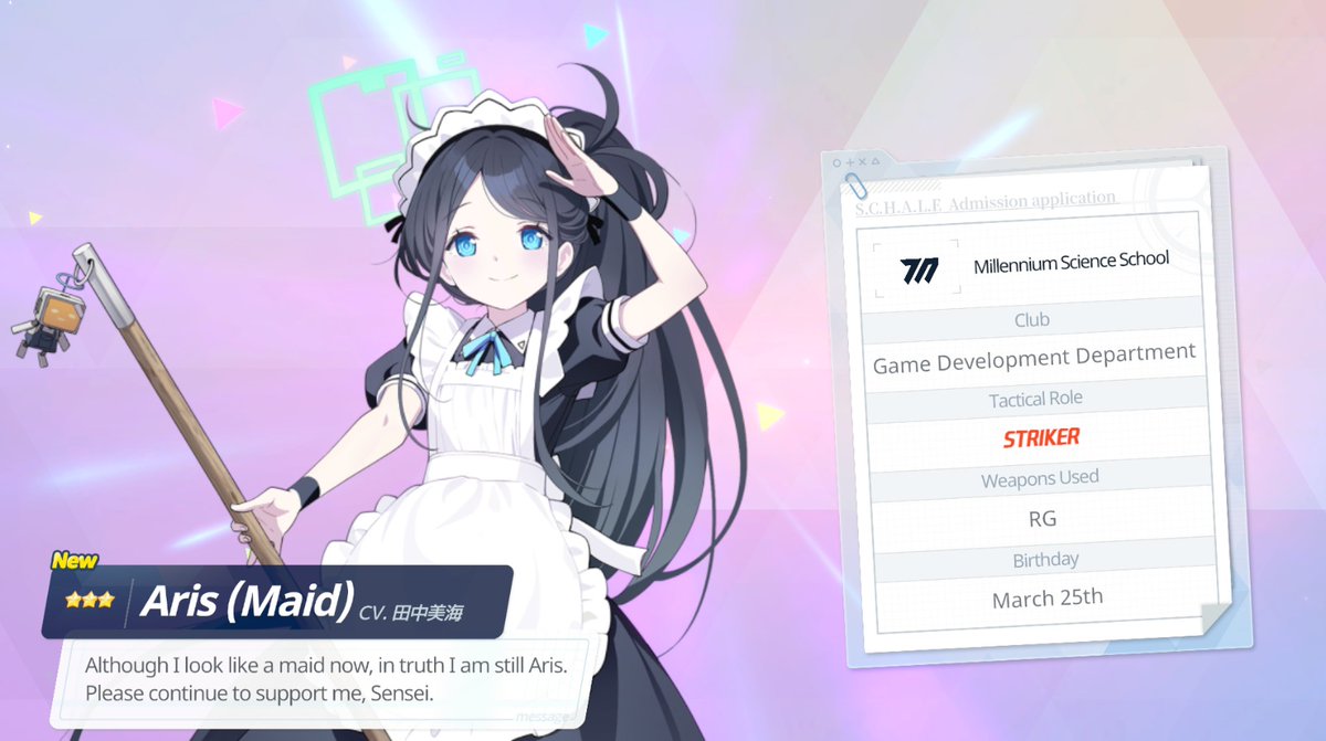 Aris! 
I love how in the first time she appears in the story she became traumatized by a maid outfit just to have to wear one kkkkk 

#BlueArchive