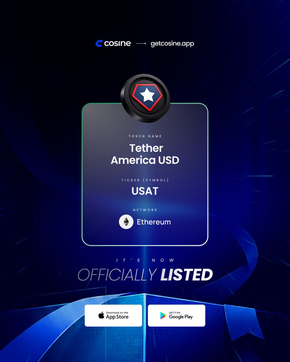 💵 $USAT is now live on Cosine Wallet.
Send. Receive. Swap.
All within the app — no extra steps.

<a href="/usat/">USAT</a> is a USD-pegged stablecoin backed by high-quality liquid reserves and built to comply with U.S. federal law under the GENIUS Act.
Stable value. Real utility. Right in your