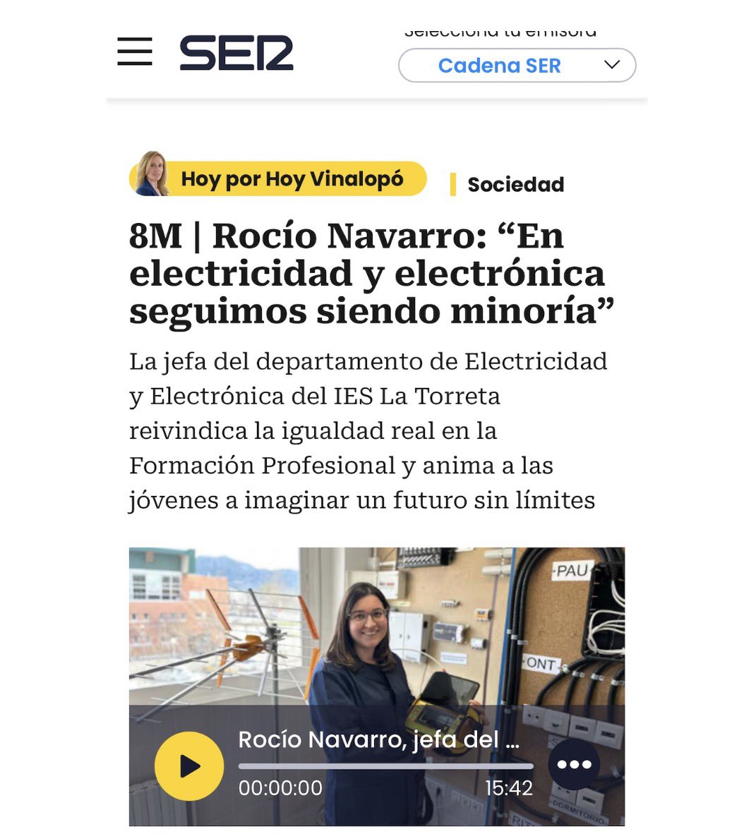 Orgullosos de nuestra gente! Rocio, la jefa de la familia profesional de Electricidad y electrónica de La Torreta habla en prensa sobre su experiencia en  un campo laboral con pocas mujeres. No te lo pierdas en cadenaser.com/comunitat-vale…  #ieslatorretaelda #mujeresenlatorreta #8m
