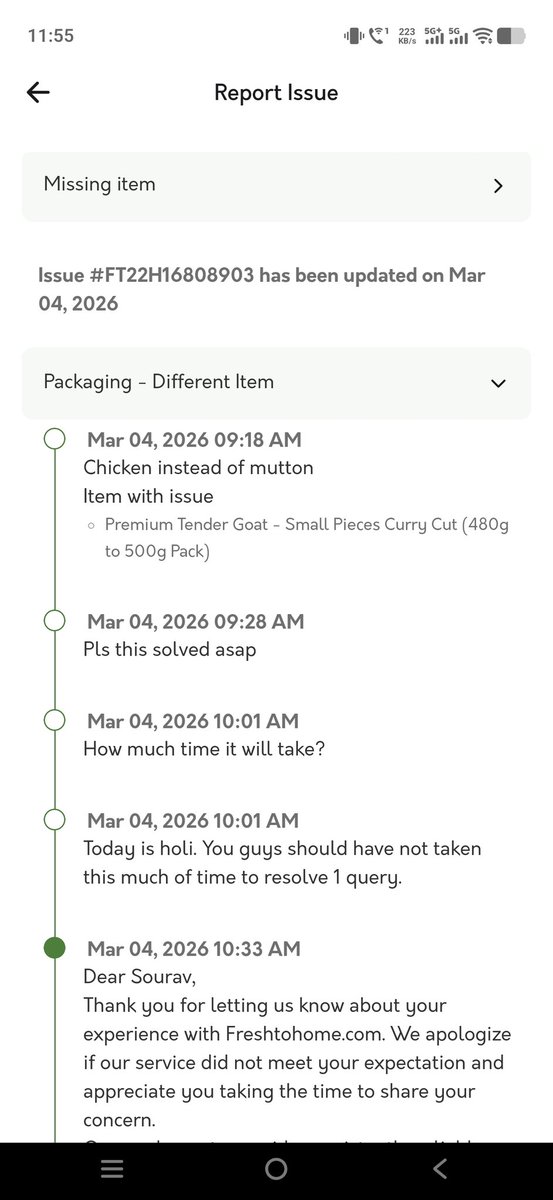 ChudGaye's tweet photo. @myfreshtohome I've been using the F2H app for quite a long time now, but this experience is honestly shameful. The wrong product was delivered, and despite the fact that your team clicks photos while processing orders, it has been more than 6 hours and the WPD case is still unresolved.

Today is Holi, I have friends over, and because of your careless service I'm stuck waiting for a response that never comes. For a company that claims to offer a reliable service, this level of incompetence is embarrassing. And to make it worse, your customer care team is completely useless.