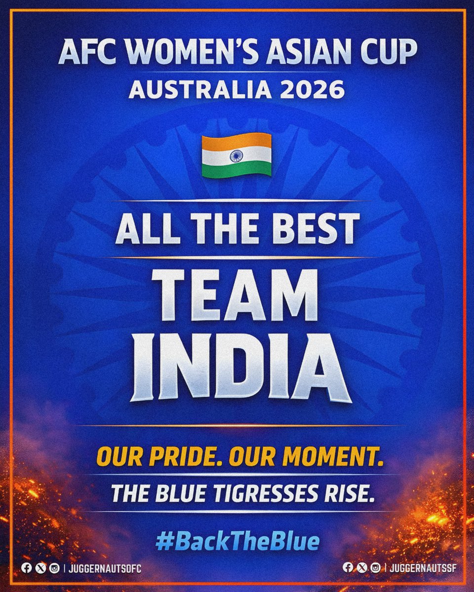 JuggernautsOFC's tweet photo. Wishing our Blue Tigresses a strong start and a successful journey in the AFC Women's Asian Cup 2026. Play fearless football and enjoy the game. The whole country stands behind you. Make the nation proud.

#AFCWomensAsianCup #TeamIndia #BlueTigresses 
#COYJ #IndianFootball https://t.co/A6meYRegP9