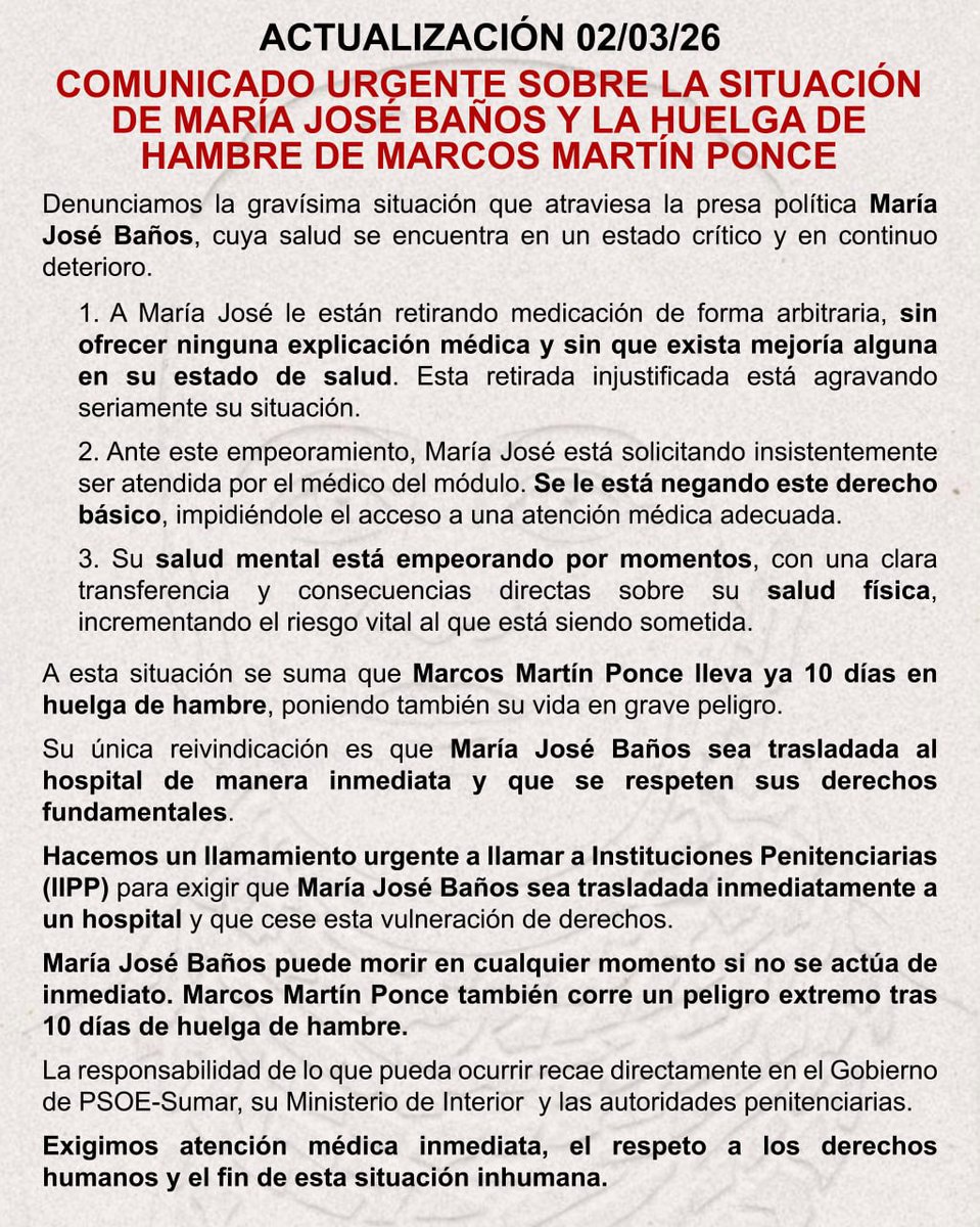 🚨 URGENTE 🚨
Las vidas de María José Baños y Marcos Martín Ponce corren serio peligro.

Exigimos actuación inmediata del Ministerio del Interior.

📢 Señalemos a <a href="/interiorgob/">Ministerio del Interior</a> y llamemos masivamente a las instituciones penitenciarias.

#SOSMariaJoseBaños