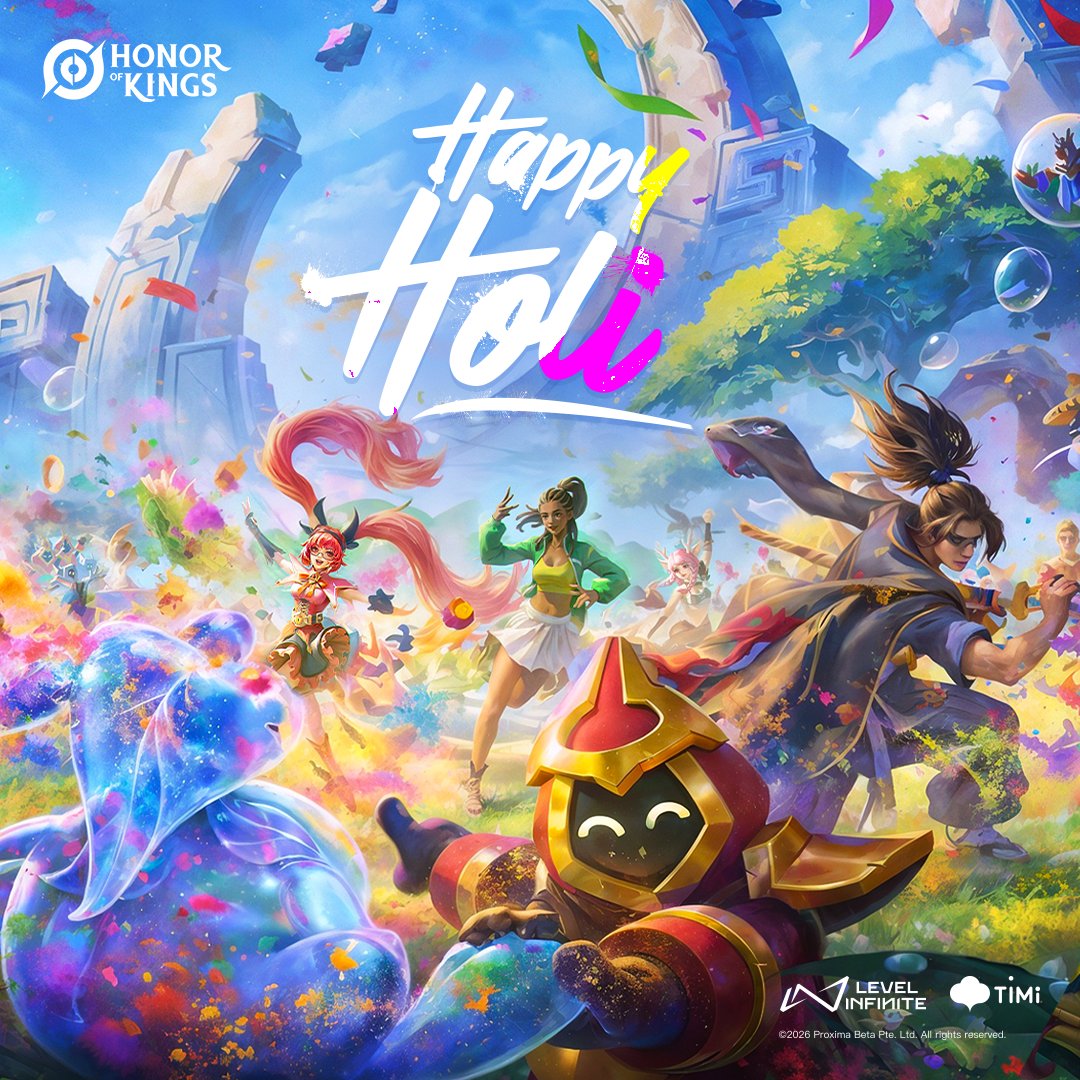 HOKIndia's tweet photo. 🌈✨ Happy Holi, India! 🇮🇳

Colors in the air… and the hype is real 👑🔥
Squad up, sharpen your skills, and get ready - the battlefield is about to light up!

Don’t miss the action 🎮
👉 Pre-register now: https://t.co/GpoMs2B2kP

#HonorofKings #HappyHoli #MOBA #GameOnIndia https://t.co/u3pjlwekJt
