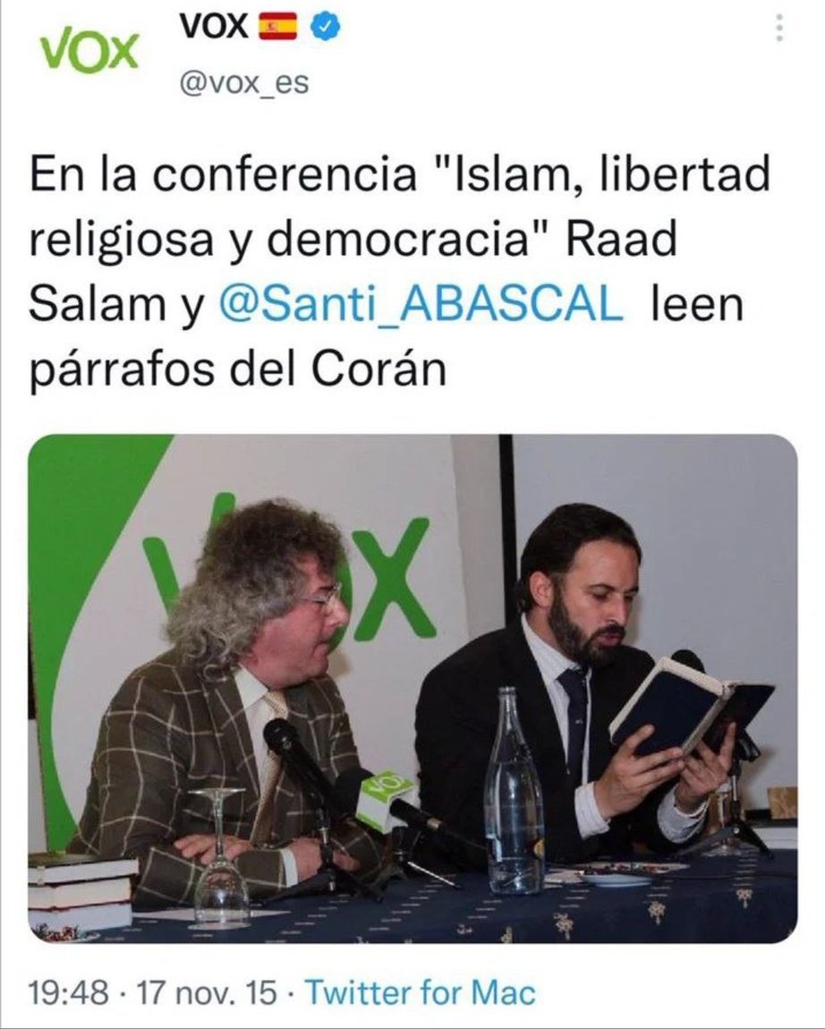 Algunos sois muy jóvenes y otros no os acordareis, pero en 2014 Vox recibió casi 1M€ del grupo terrorista iraní CNRI. Con eso se financió la campaña europea y sueldos como el de Santiago Abascal.
De ahí los saraos que organizaba Vox en 2015, cuando Santi amaba el Islam.