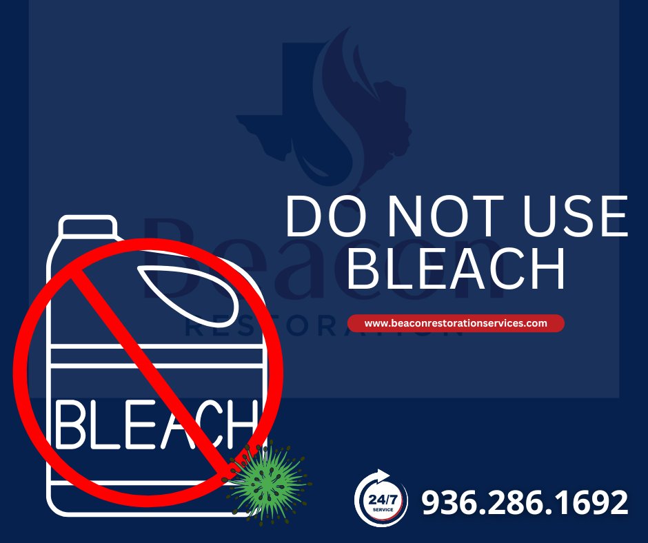 🚫 Do Not Clean Mold with Bleach! 🚫

Many think bleach eliminates mold, but it only cleans the surface, allowing mold to thrive beneath. It can also create moisture and release toxic fumes!

If you suspect mold in your home or business, call Beacon Restoration Services today!