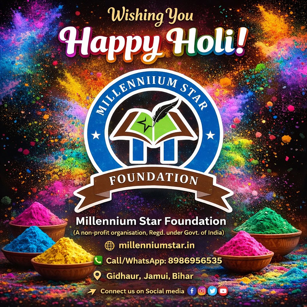 msf4india's tweet photo. 🎨✨ Celebrating the festival of colors with love, unity and happiness!
May this Holi fill every life with positivity, harmony and new hopes. 🌈

Millennium Star Foundation wishes you and your family a very Happy Holi! 💐

#HappyHoli #MillenniumStarFoundation #FestivalOfColors https://t.co/zABhWQmWWt
