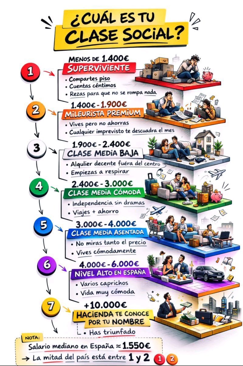 inmostocks's tweet photo. ¿CUAL ES TU CLASE SOCIAL?

​Se dice que en España "se vive como en ningún lado", pero los datos de sueldos netos mensuales pintan una realidad mucho más gris. Según el pulso de las redes y la estadística real, así se divide hoy nuestra sociedad:

​🔴 Menos de 1.400€ | Supervivencia pura: El salario del "malabarista". Compartir piso no es una opción, es una obligación. Cualquier avería doméstica es una tragedia financiera.

​🟠 1.400€ – 1.900€ | Mileurista "Premium": Tienes cierta autonomía, pero ahorro cero. Vives al día; un imprevisto y el mes se desmorona.

​⚪ 1.900€ – 2.400€ | Clase Media-Baja: Aquí empiezas a respirar. Te mudas fuera del centro para tener algo digno, pero los caprichos siguen medidos al milímetro.

​🟢 2.400€ – 3.000€ | Clase Media Cómoda: Independencia real. El ahorro mensual ya es una constante y puedes planificar viajes sin que te tiemble el pulso.

​🔵 3.000€ – 4.000€ | Clase Media Asentada: El precio del supermercado deja de ser una preocupación diaria. Calidad de vida consolidada.

​🟣 +4.000€ | Nivel Alto: Una minoría que disfruta de una vida con extras y seguridad financiera total.

​El "espejismo" español

​El salario mediano en España apenas roza los 1.550€ netos. Esto significa que más de la mitad del país se mueve entre la supervivencia y la inestabilidad constante.

​Si el equilibrio financiero es tan frágil que cualquier imprevisto nos rompe, cabe preguntarse:

​¿Estamos confundiendo el clima y las cañas con el bienestar real?
​¿Hemos normalizado la precariedad bajo el lema del "estilo de vida mediterráneo"?

​Esta desconexión tiene un impacto directo: falta de motivación, fuga de talento y una cultura laboral donde ya no se trabaja para vivir, sino que se trabaja para no hundirse.

​¿En qué tramo te encuentras tú? ¿Crees que estas etiquetas reflejan la realidad actual de nuestras calles?