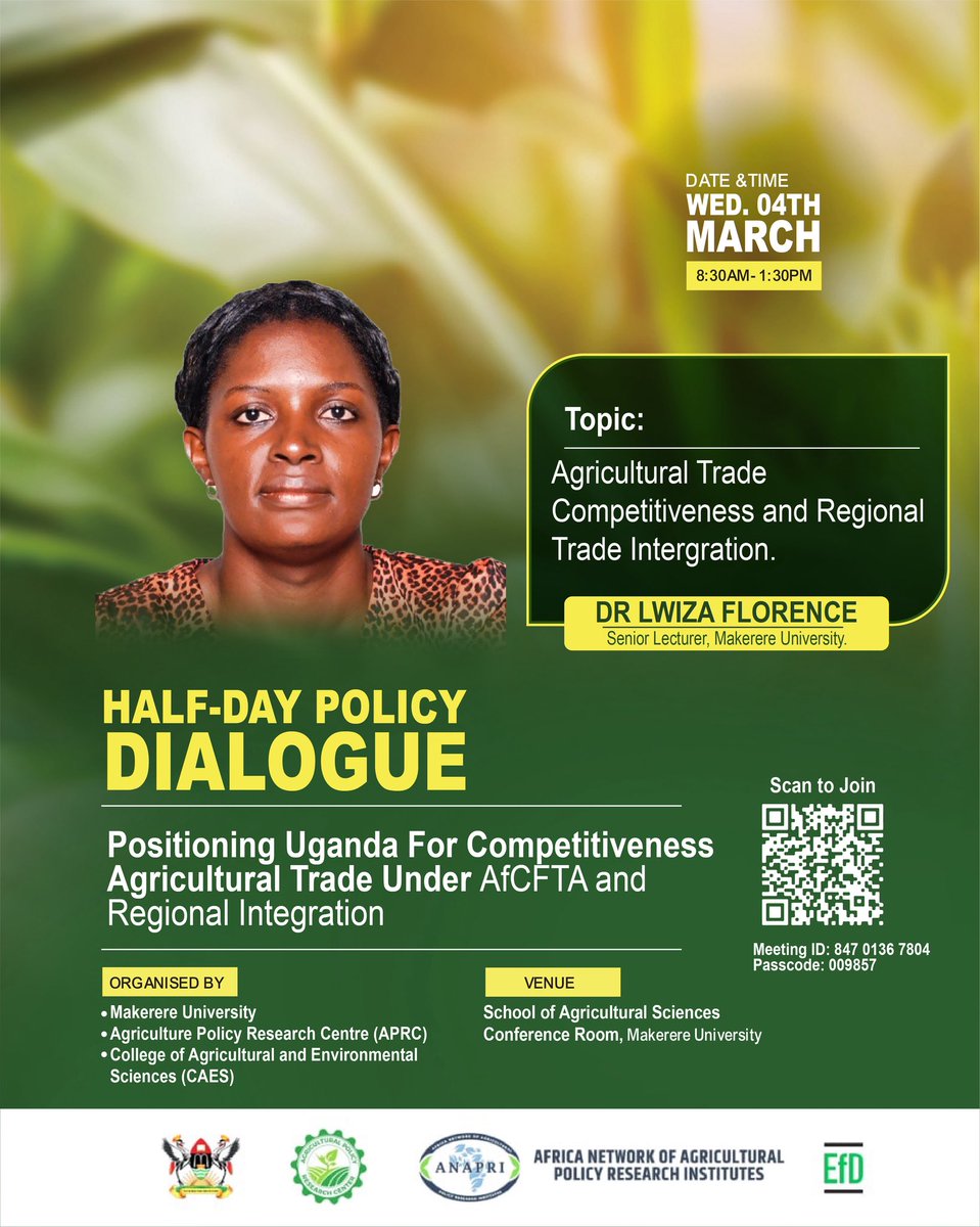 APRC_UG's tweet photo. Happening NOW! 

Join Dr. Lwiza Florence, Senior Lecturer at @Makerere, as she discusses Agricultural Trade Competitiveness &amp; Regional Trade Integration" at our Half-Day Policy Dialogue.

Jump in online!  Meeting ID: 847 0136 7804 Passcode: 009857 #AfCFTA #Uganda #AgriTrade https://t.co/FVHPsB2jUE