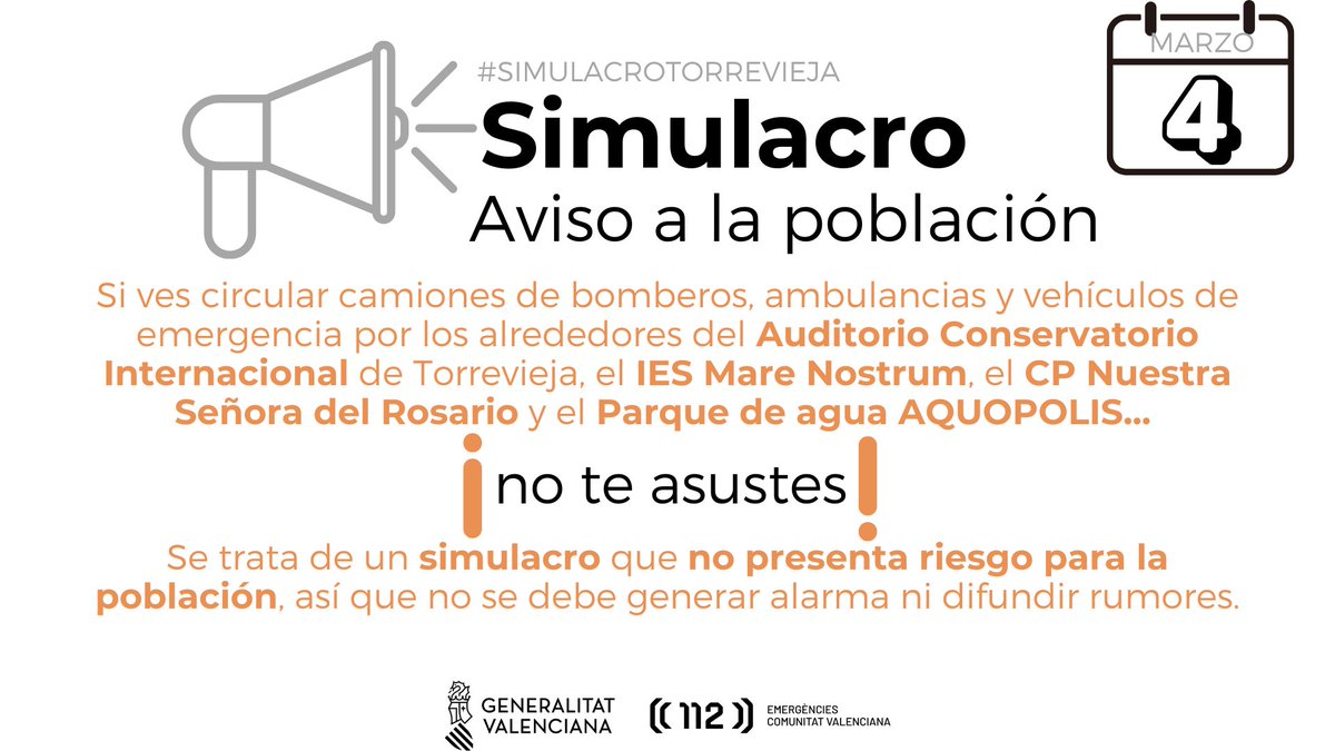 GVA112's tweet photo. 🚨🚨Si en los alrededores del Auditorio Conservatorio Internacional, el IES Mare Nostrum, el CP Nuestra Señora del Rosario y el AQUOPOLIS de #Torrevieja ves hoy sirenas o vehículos de emergencia, no te asustes!!

✅Se trata de un SIMULACRO.
 #SimulacroTorrevieja2026 https://t.co/16L2DOh8ag