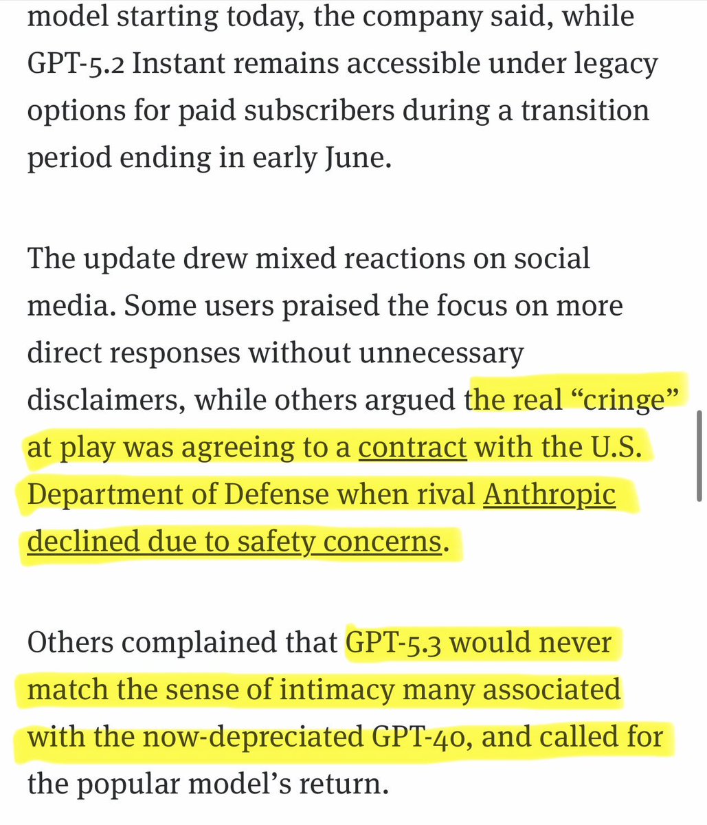 OpenAI just released GPT-5.3 Instant. Their marketing pitch? ‘More accurate, less cringe.’

The reception? Mixed at best. Some users appreciated the reduced disclaimers. Others pointed out the real ‘cringe’ was signing a Pentagon deal hours after Anthropic refused on ethical