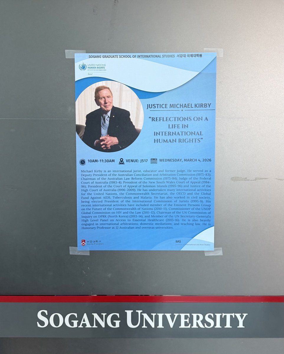 UNrightsSeoul's tweet photo. Today, at a program organised by UN Human Rights together with #Sogang University, Justice Michael Kirby, former Chair of the UN Commission of Inquiry on #DPRK, spoke about his lifelong journey in international human rights. https://t.co/MGqXWga9ut