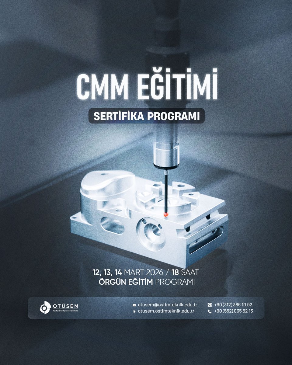 Eğitim Tarihleri: 9-14 Mart 2026
Eğitim Süresi : 48 Saat
Eğitim Saatleri: 09:00-17:00
Eğitim Ücreti: 30.000₺

Teknik Resim Eğitimi: 9-10 Mart 2026
Geometrik Boyutlandırma ve Toleranslandırma Eğitimi: 10-11 Mart 2026
CMM Eğitimi: 12-13-14 Mart