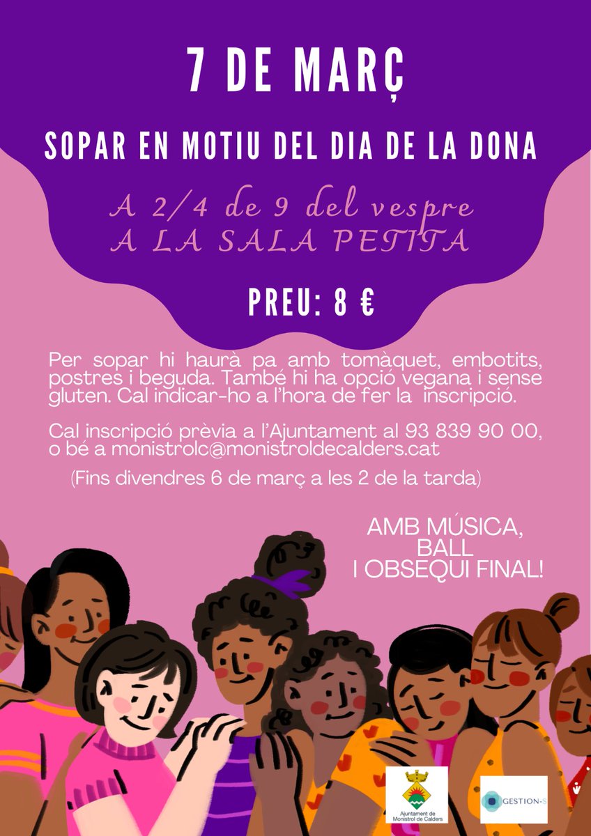 ViuMonistrol's tweet photo. I a continuació, a dos quarts de nou del vespre, sopar en motiu del Dia de la dona a la Sala Petita amb música i ball. https://t.co/Sdq78z2Evl