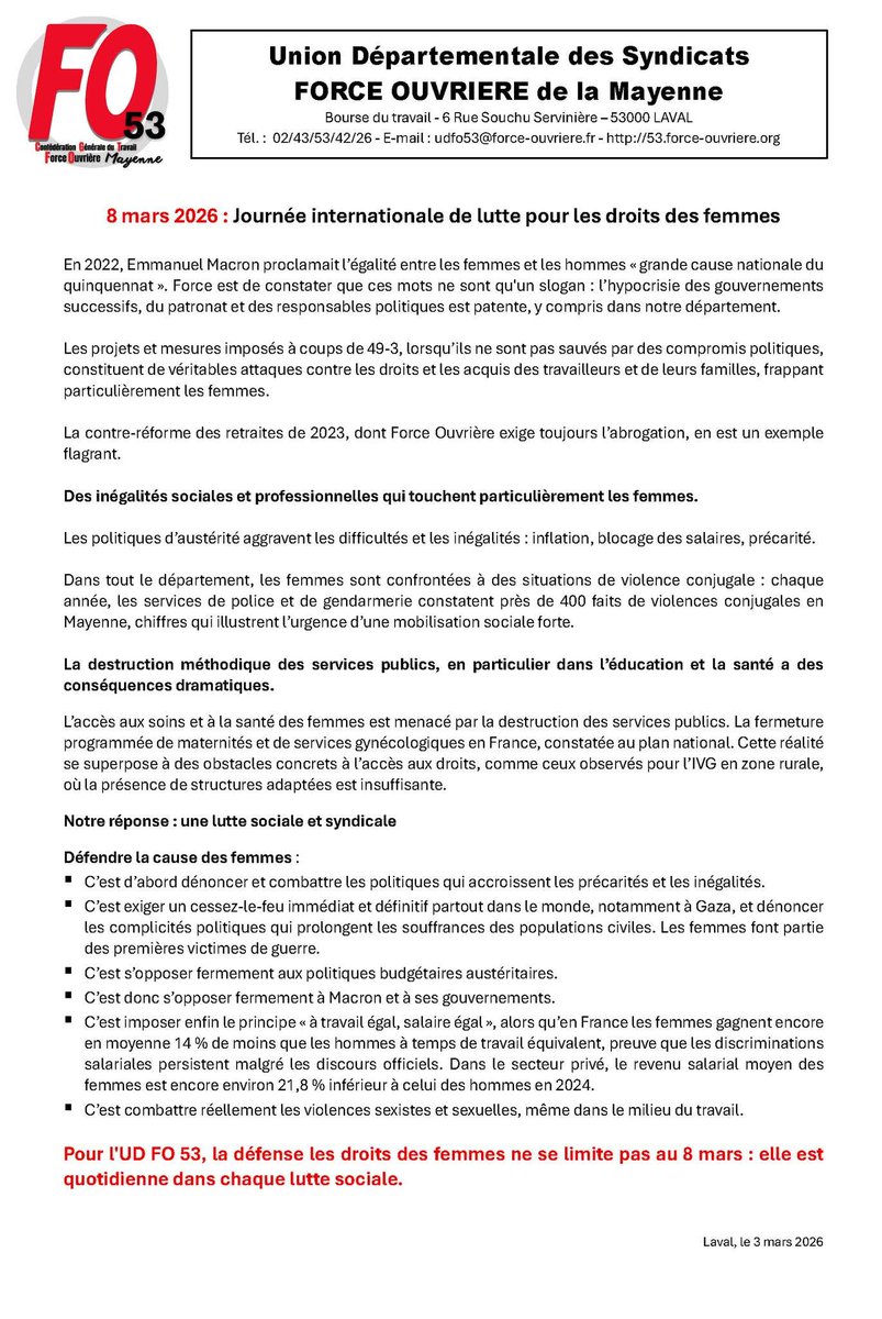 SNUDIFO53's tweet photo. 📣 8 mars 2026
🗣️ Communiqué de l'UD FO 53
En 2022, Emmanuel Macron parlait d’égalité femmes-hommes.
En 2026 : inégalités, précarité, violences, services publics en recul.
✊ Les droits des femmes se défendent toute l’année.
#8Mars #DroitsDesFemmes #Égalité #FO53 #Mayenne https://t.co/QNemT9q1Ou