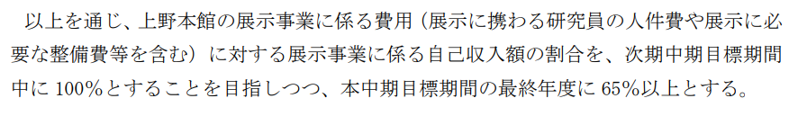 特に気になるのが、中期目標にある画像の一文。「展示に携わる研究員の人件費」とありますが、展示に関わる研究員は、一般的には収集・研究に関わる研究員でもあります。展示事業費に関する数値目標と言いつつ、状況次第では、展示活動以外の事業にも影響が出る可能性もあります。