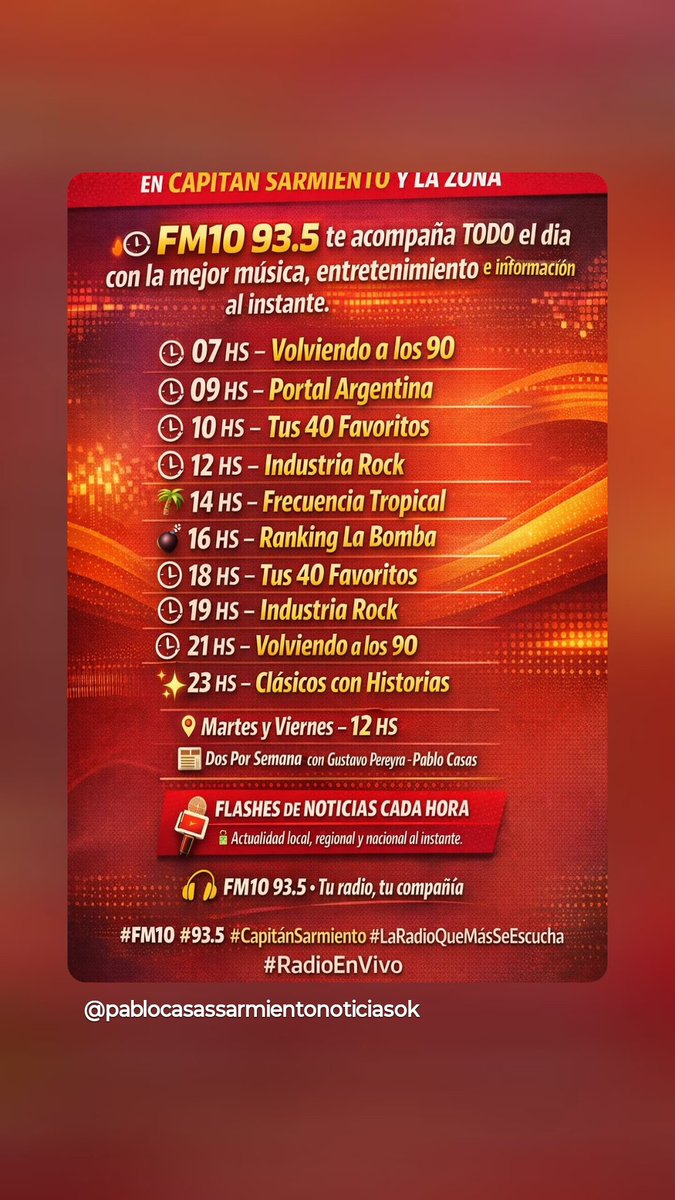 🎶 07 HS – Volviendo a los 90
📰 09 HS – Portal Argentina
🎧 10 HS – Tus 40 Favoritos
🎸 12 HS – Industria Rock
🌴 14 HS – Frecuencia Tropical
💣 16 HS – Ranking La Bomba
🎵 18 HS – Tus 40 Favoritos
🎸 19 HS – Industria Rock
🎶 21 HS – Volviendo a los 90
✨ 23 HS – Clásicos con H