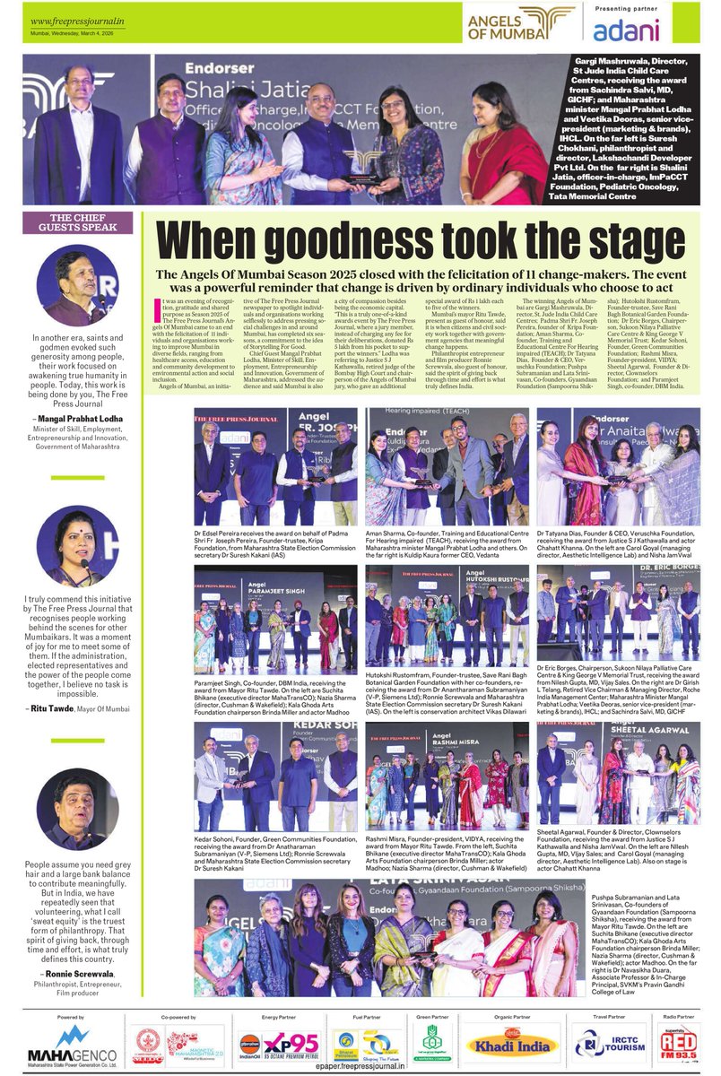 fpjindia's tweet photo. #AngelsOfMumbai Season 2025🎉 | 11 changemakers were recently honoured for their work towards improving Mumbai. The event was a powerful reminder that change is driven by individuals who choose to act.

✨Congratulations to the winners ✨

- Gargi Mashruwala (Director, St. Jude India Child Care Centres)

- Fr. Joseph Pereira (Founder-trustee, The Kripa Foundation)

- Aman Sharma (Co-founder, Training and Educational Centre for Hearing impaired (TEACH))

- Dr Tatyana Dias (Founder & CEO, Veruschka Foundation)

- Pushpa Subramanian and Lata Srinivasan (Co-founders, Gyaandaan Foundation (Sampoorna Shiksha))

- Hutokshi Rustomfram (Founder-trustee, Save Rani Bagh Botanical Garden Foundation)

- Dr. Eric Borges (Chairperson, Sukoon Nilaya Palliative Care Centre & King George V Memorial Trust)

- Kedar Sohoni (Founder, Green Communities Foundation)

- Rashmi Misra (Founder-president, VIDYA India)

- Sheetal Agarwal (Founder & Director, Clownselors Foundation)

- Paramjeet Singh (Co-founder, DBM INDIA)

Link: https://t.co/aZ9IZ6Pitt

@frjoepereira @VeruschkaFdn @bluewhale_waves @sampoornashik @Vidya_India @clownselors @DBMission @iyerkavi @7_Poojapatel  @ak_karnani  #AngelsOfMumbai202